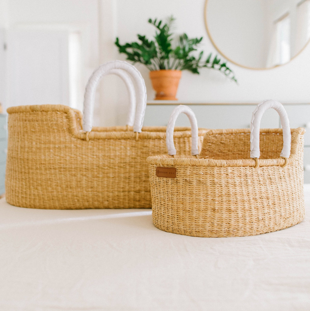 Signature Bilia Bassinet & Doll Basket Combo: Natural - White Leather